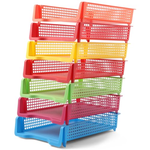 7 Pack Colorful Turn in Trays Classroom Plastic Stackable Paper Tray Teacher Office Files Document Storage Playroom Organization for Office Home Teachers Organization Storage, 9 x 13 x 3 Inches