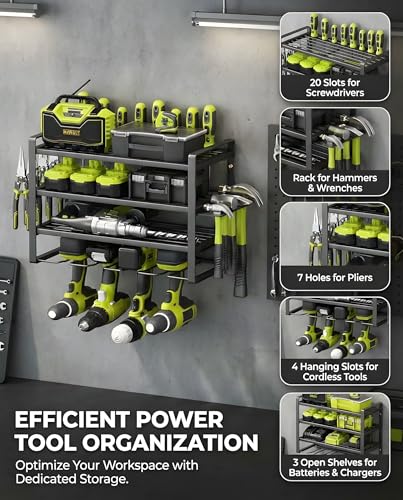 Power Tool Organizer Wall Mount | 4-Tier Rack for 4 Drills