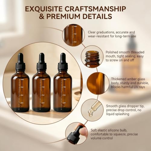 ericotry 3Pcs 100ML /3.4oz Empty Refillable Amber Glass Graduated Dropper Bottle Essential Oil Cosmetics Elite Fluid Container Jar Pot Holder with Glass Pipette Dropper - size: 100 ml