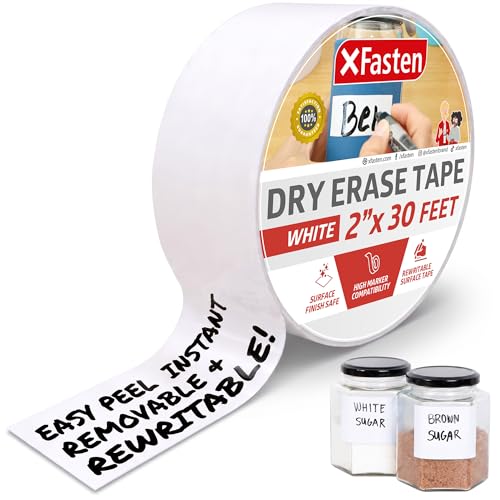 XFasten Dry Erase Tape White 2-Inch x 30-Feet Zero Smudging Ghosting-Free Whiteboard Tape, Reusable Dry Erase Labels for Storage Bins, Sentence Strips for Teachers - size: 2-Inch x 30-Feet