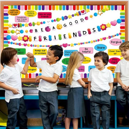 Back to School Bulletin Board Set Friendship Bracelet Classroom Decorations Motivational Paper Cutouts Friendship Bulletin Board Borders for Classroom Home Office School Chalkboard Wall Door Decor - style: Friendship Bracelet