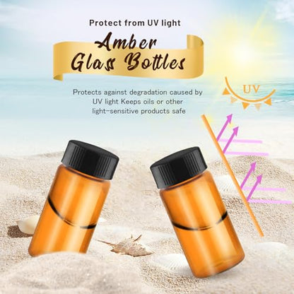 100 Pack,Glass Essential Oil Bottle with Screw Caps,Empty Refillable Travel Glass Liquid Sample Vial Labs Preservation Storage Leakproof Vials Test Container with Black Screw Caps (Amber, 20ml) - color: Amber, size: 20ml