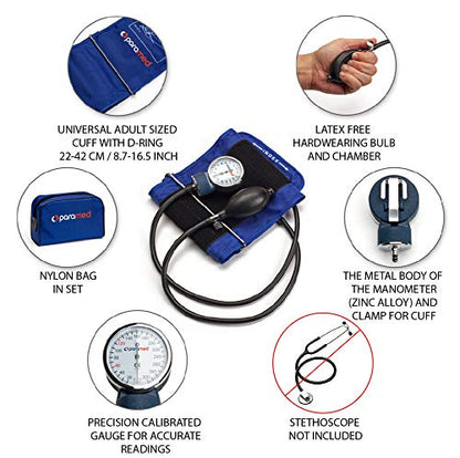 PARAMED Aneroid Sphygmomanometer – Manual Blood Pressure Cuff with Universal Cuff 8.7-16.5" and D-Ring – Carrying Case in the kit – Blue – Stethoscope Not Included - color: Blue