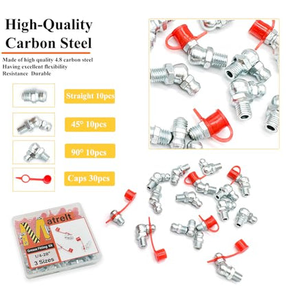 30Pcs 1/4"-28 Straight 45 90 Degree Grease Fitting Assortment Kit with Grease Zerk Fittings Caps, Galvanized Steel Hydraulic Grease Zerk for Industrial and Agricultural Machinery Cars Ships ets - size: 1/4"-28-30 Pcs