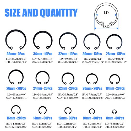 Glarks 300Pcs 15 Size Metric Internal Circlips Snap Retaining Ring Assortment Kit, Black Alloy Steel