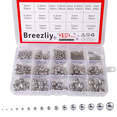304 Stainless Steel Ball18 Sizes 1-12.5mm Metric Precision 304 Stainless Steel Assorted Loose Bicycle Bearing Steel Ball Assortment Kit 390pcs - size: 0.039-0.492" (18 Sizes)