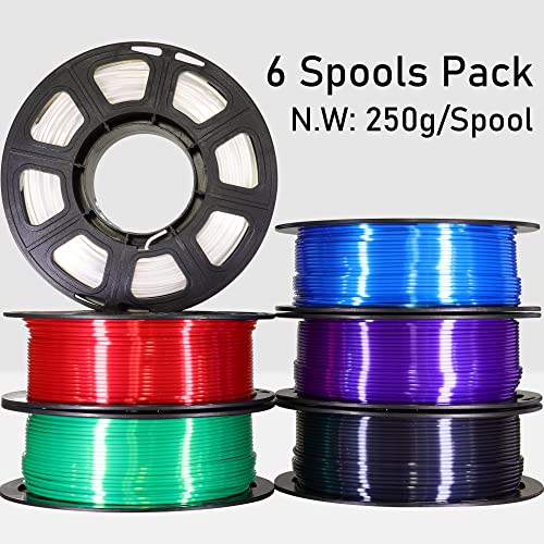 1.75mm Silk Shiny PLA 6 in 1 Basic Colors Bundle Pack: Silk Black/Red/White/Sapphire Blue/Dark Purple/Green; Each Spool 250g, 6 Spools Packed, Total 1.5Kg 3D Printing Filament Material MIKA3D - color: White+black+red+sapphire Blue+dark Purple+green