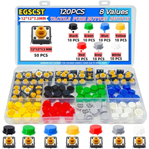 120PCS 12x12x7.3 mm Tact Tactile Push Button Switch Kit, 4 Pin Yellow Momentary SMD PCB Switches Set with 7 Color Arduino Buttons Caps for DIY Electronics Projects, PCB Prototyping - style: Yellow - 120PCS