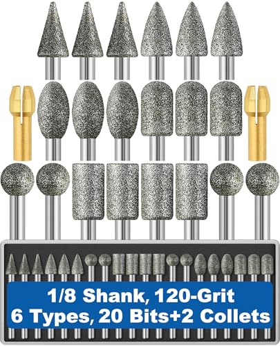 20Pcs 120-Grit Diamond Grinder Bit 1/8" Shank with 2 Collets Compatible with Dremel Rotary Tool Attachment Accessories Grinding Burrs for Stone Glass Resin Porcelain Ceramic Quartz Glaze Steel Carve - style: 120-grit
