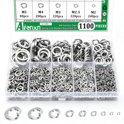 1100PCS Spring Lock Washers Assortment, 304 SS 9 Metric Sizes M2-M12 - size: Metric-1100PCS