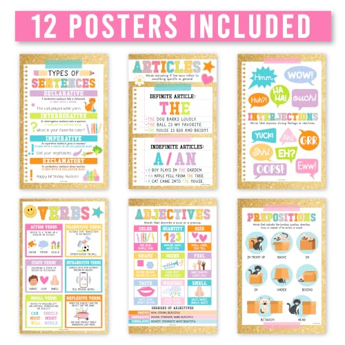 Parts of Speech Posters for Classroom Must Haves, 12 Grammar Posters - color: Varsity Letter
