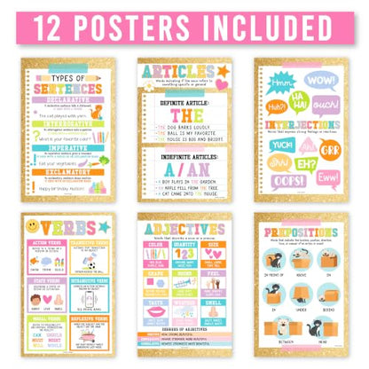 Parts of Speech Posters for Classroom Must Haves, 12 Grammar Posters - color: Varsity Letter