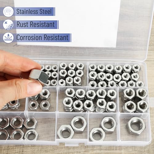 Bates- SAE Hex Nuts Assortment Kit, 11 Sizes, 340 pcs, Stainless Steel, 4#40 6#32 8#32 10#24 10#32 12#24 1/4"-20 5/16"-18 3/8"-16 1/2"-13, Hardware Nuts