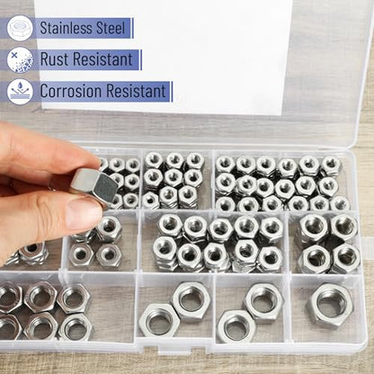 Bates- SAE Hex Nuts Assortment Kit, 11 Sizes, 340 pcs, Stainless Steel, 4#40 6#32 8#32 10#24 10#32 12#24 1/4"-20 5/16"-18 3/8"-16 1/2"-13, Hardware Nuts