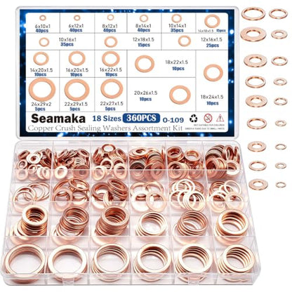 360PCS Crush Washer Oil Drain Plug,18 Sizes Copper Crush Washers Assortment Kit,Automotive Oil Pan Drain Plug Gasket M6 M8 M10 M12 M14 M16 M18 M20 M22 M24 - size: 360