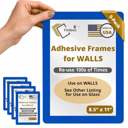 8.5 x 11 Adhesive Wall Frames - Peel & Stick Picture Frames, Wall Sign Holder, Paper Protector Sheets, Certificate Holders, Reusable Picture Frame, Dry Erase, Non Magnetic - Blue, Pack of 5 - color: blue