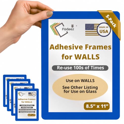 8.5 x 11 Adhesive Wall Frames - Peel & Stick Picture Frames, Wall Sign Holder, Paper Protector Sheets, Certificate Holders, Reusable Picture Frame, Dry Erase, Non Magnetic - Blue, Pack of 5 - color: blue