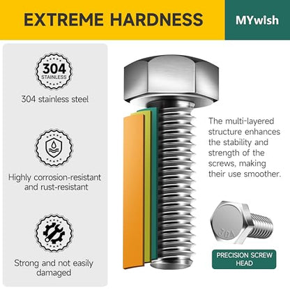 Mywish 410PCS Stainless Steel Hex Head Nuts and Bolts Assortment Kit, 1/4-20 5/16-18 3/8-16, Assorted Screws, Washers, Bright Finish - size: 410 Pcs Mixed Size Kit - Bright