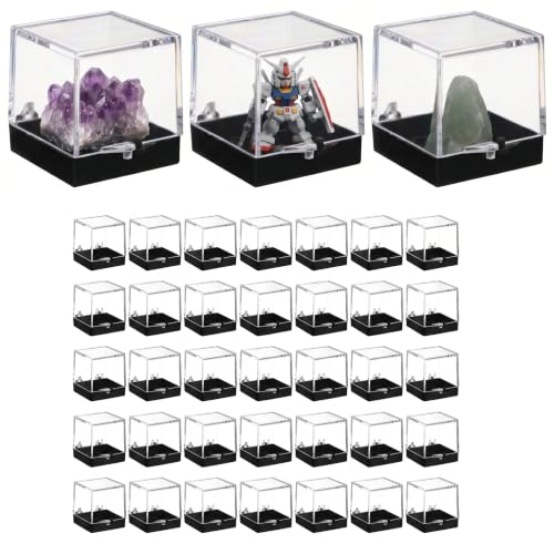 Cabilock 48PCS Mineral Display Boxes, Clear Acrylic Display Box for Rock Agate Slices Crystals Coral, Standard Cube Countertop Showcase Stand with Black Base