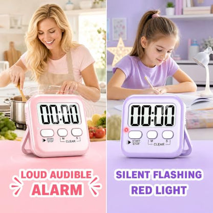 Antonki 2 Pack Digital Timer for Kids Classroom Kitchen Timers for Cooking - color: Pink + Purple