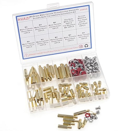 230PCS M4 Brass Male-Female Hex Standoffs, Screws Nuts & Washers Kit - size: M4