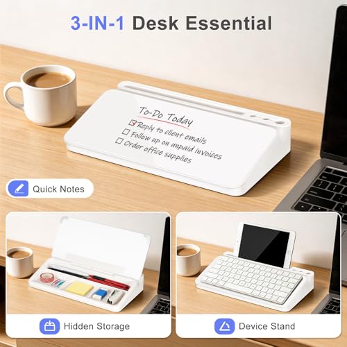 Small Desktop Glass Whiteboard with Storage, Desk Dry Erase White Board - color: White