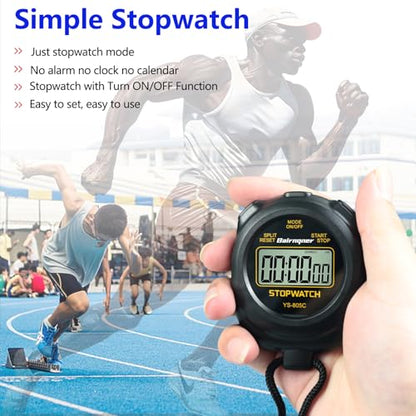 Stopwatch Timer with Countdown, ON/Off Simple Operation No Clock No Date, Digital Stop Watch for Sports, Black - color: Black