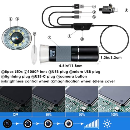Jiusion 1080P 50-1000x USB Digital Microscope Stand for iPhone Android PC - color: Black/Grey