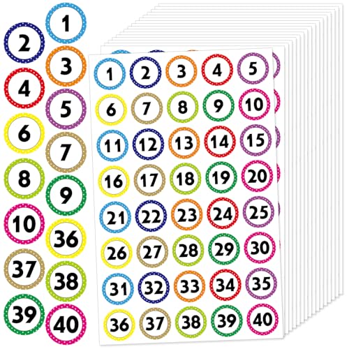 800 Number Stickers 1-40, 20 Sheets of Polka Dot Waterproof/Oil-Resistant/Tear-Resistant Removable Numbered Labels, Suitable for Storage Boxes, Cabinets, Bookshelves, Desks, Chairs, etc. (1 Inch)