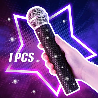 Sanwuta Fake Microphone Prop, Sparkly Bling Rhinestones Mic, Black - color: Black
