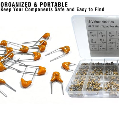 600 Pcs Ceramic Capacitor Assortment Kit - 15 Values from 10pF to 100nF - Multilayer Monolithic Capacitors for DIY Electronics, Repair & Prototyping