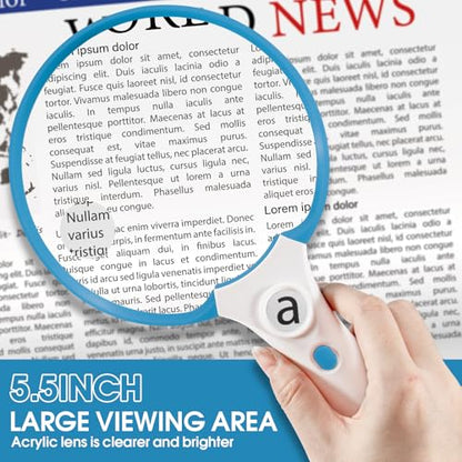 Large Magnifying Glass with Light, Magnifier Handheld Illuminated Lighted Magnifier with 3 LED Lights 1UV Light Storage Bag Clean Cloth for Seniors Reading Inspection (Blue) - color: Blue