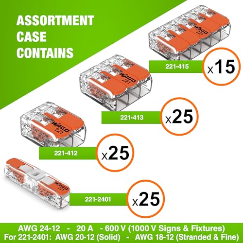 WAGO 221 Series 90pc Compact Splicing Wire Connectors | Includes (25x 221-2401), (25x 221-412), (25x 221-413), (15x 221-415) | WAGO Wire Connectors | 221 Straight Inline Splice | Electrical Lever Nuts - style: NAA221-90