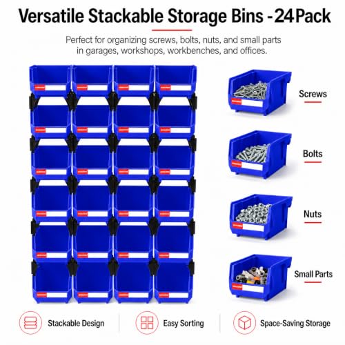 24 Pack Stackable Parts Bins, 5x4x3 in, Plastic Small Parts Organizer,Blue - color: Blue-24 Pack, size: 5"x4"x3"