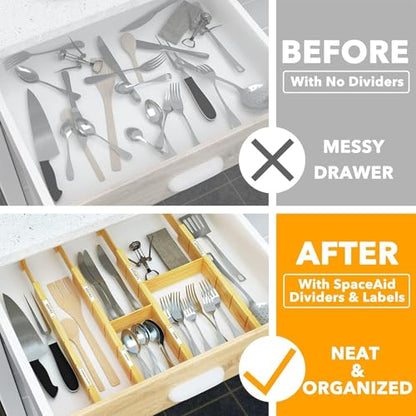 SpaceAid Bamboo Drawer Dividers with Inserts and Labels, Kitchen Adjustable Drawer Organizers, Expandable Organization for Home, Office, Dressers and Bathroom, 6 Dividers with 12 Inserts (17-22 in) - size: 17-22 inch