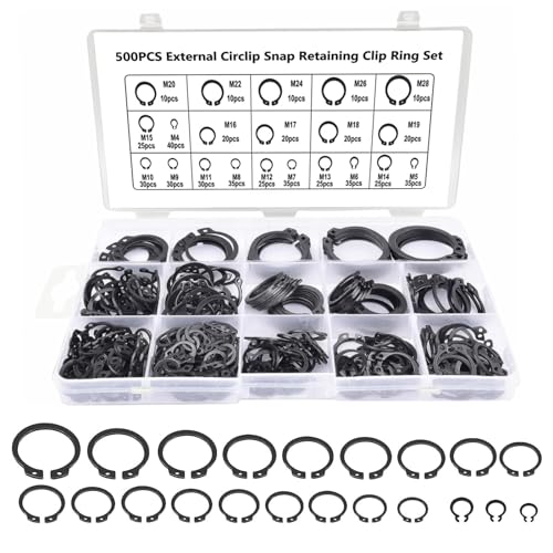 Boatsea 500Pcs External Circlip Snap Retaining Clip Rings Assortment Kit, Alloy Steel Snap Ring Shop Assortment Set, 21 Sizes External Retaining Rings of M4-M28 - size: C-Clip 500PCS