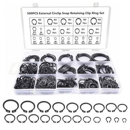 Boatsea 500Pcs External Circlip Snap Retaining Clip Rings Assortment Kit, Alloy Steel Snap Ring Shop Assortment Set, 21 Sizes External Retaining Rings of M4-M28 - size: C-Clip 500PCS