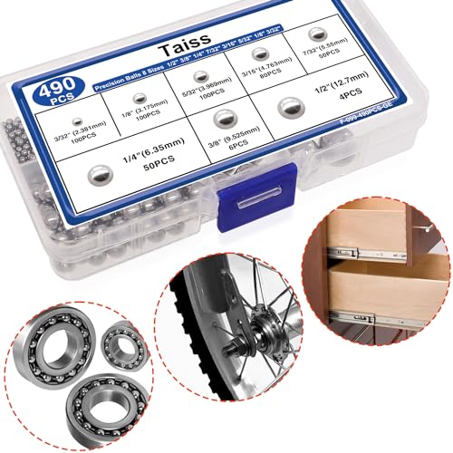 Taiss 490PCS Precision Balls 8 Sizes,Bicycle Bearing Balls 1/2" 3/8" 1/4" 7/32" 3/16" 5/32" 1/8" 3/32" Precision Steel Ball Assortment Kit,Metal Balls F-099-490PCS-GE - size: 490PCS