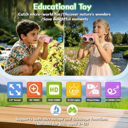 2 in 1 Kids Microscope and Telescope, STEM Educational Toy, Pink - color: Pink