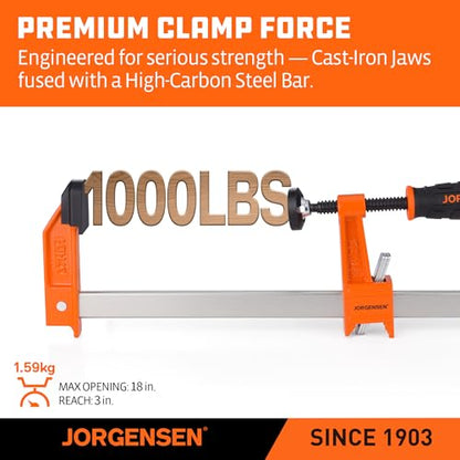 Jorgensen 18" Heavy-Duty Steel Bar Clamp Set, 1000 lbs Load Limit, 2-Pack - size: 18 Inch Heavy Duty