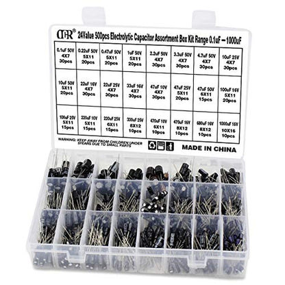 Capacitor Kit, 500Pcs 24 Values Aluminum Electrolytic Capacitor Kit, Range 0.1uF - 1000uF 10V - 50V Assortment Kit for Electronic Repairs on Circuit Boards