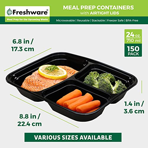 Freshware Meal Prep Containers [150 Pack] 3 Compartment with Lids, Food Storage Containers, Bento Box, BPA Free, Stackable, Microwave/Dishwasher/Freezer Safe (24 oz) - size: 24OZ-150PK