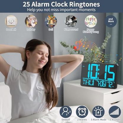 PERSUPER 13" Digital Wall Clock Large Display with Remote, Temp & Timer - style: Blue