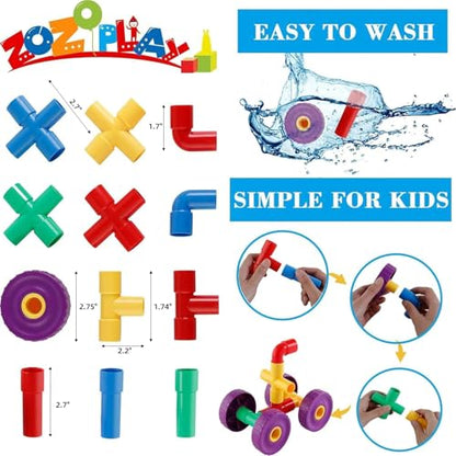 ZOZOPLAY STEM Learning Toy Tubular Pipes & Spouts & Joints 96 Piece Build Bicycle, Tank, Scootie, Moter Skills Endless Designs Educational Building Blocks Set for Kid Ages 3+ Multicolor