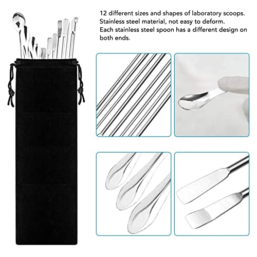 Generic 12Pcs Laboratory Spatula, Stainless Steel Micro Scoop Dual Head Design with Polished Long Handle and Cloth Bag, for Experiment Lab Home Use