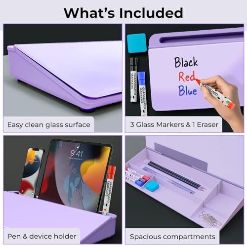 Chalkola Lavender Glass Desktop Whiteboard with Storage + 3 Markers - color: Lavender