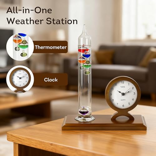 Lily's Home Galileo Thermometer with Clock-5 Spheres, 64ºF-80ºF Range–Clock with Quiet Movement - Elegant 2-in-1 Design-Ideal Gift for Home/Living Room Decor-Galileo Thermometer Indoor(9 inx11.6 in) - style: Clock with Quiet Movement