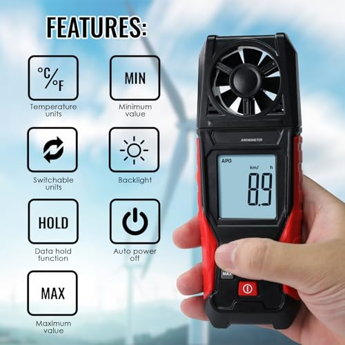 Digital Anemometer Handheld Wind Speed Meter – Measures Wind Speed in m/s, km/h, ft/min, mph, Knots & Air Temperature – Max/Min, Data Hold, Backlit Display – for HVAC, Sailing, Weather, Drone Flying