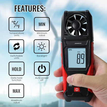 Digital Anemometer Handheld Wind Speed Meter – Measures Wind Speed in m/s, km/h, ft/min, mph, Knots & Air Temperature – Max/Min, Data Hold, Backlit Display – for HVAC, Sailing, Weather, Drone Flying