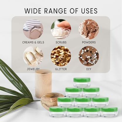 50 New Empty 5 Grams Acrylic Clear Round Jars - BPA Free Containers for Cosmetic, Lotion, Cream, Makeup, Bead, Eye shadow, Rhinestone, Samples, Pot, Small Accessories 5g/5ml (GREEN LID)